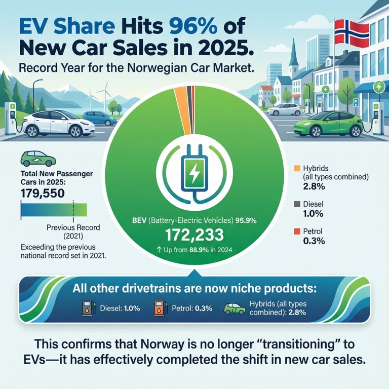 EV Share Hits 96% of New Car Sales in 2025
