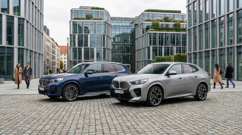 BMW iX1 and BMW iX2 electric SUVs in urban environment