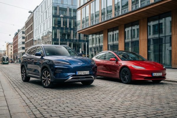 BYD and Tesla electric cars competing in the European market in 2025