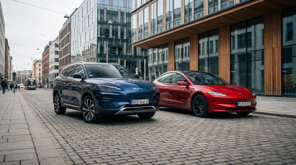 BYD and Tesla electric cars competing in the European market in 2025