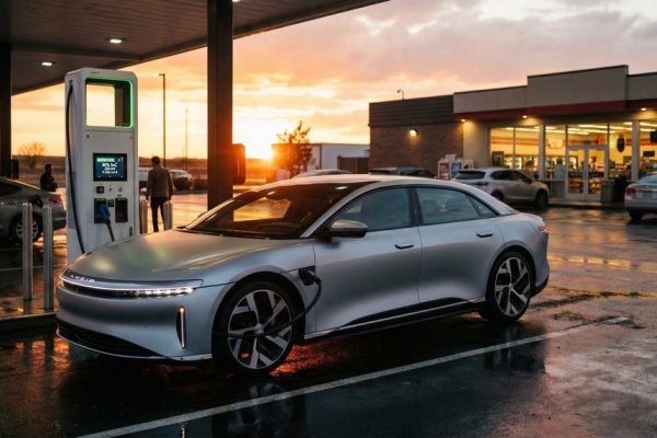 Electric vehicle charging at a public station highlighting battery health