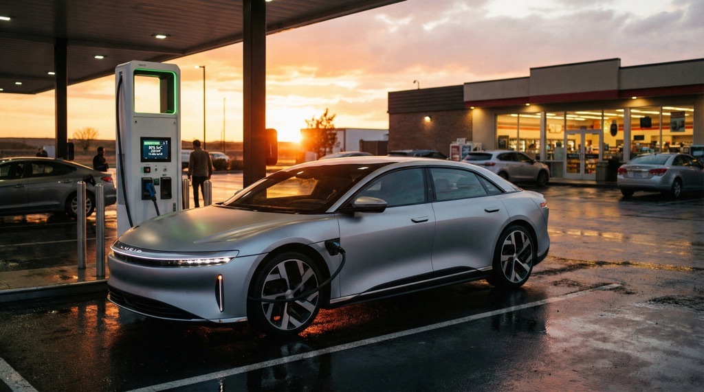 Electric vehicle charging at a public station highlighting battery health