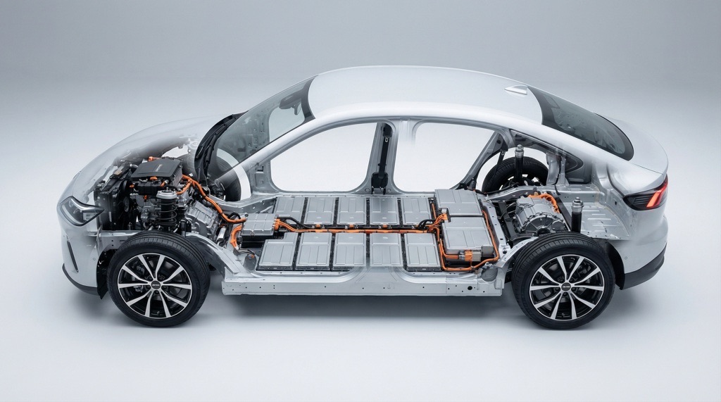 Electric vehicle battery and motor layout