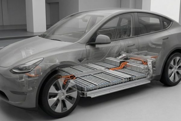 Tesla Model Y with in-house 4680 battery cells at production facility