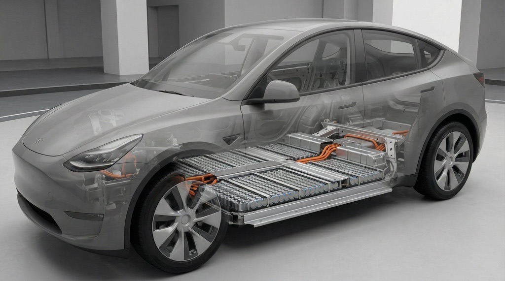 Tesla Model Y with in-house 4680 battery cells at production facility