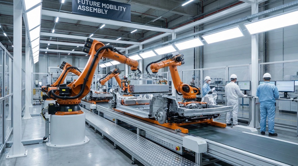 Electric vehicle battery installation during mass production