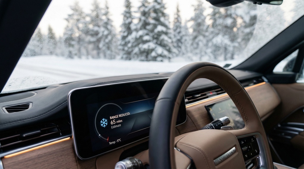 How to Increase Real-World EV Range in Winter and Summer: Everything You Need to Know (2026 Guide) 2 Electric car dashboard showing reduced real-world range in winter