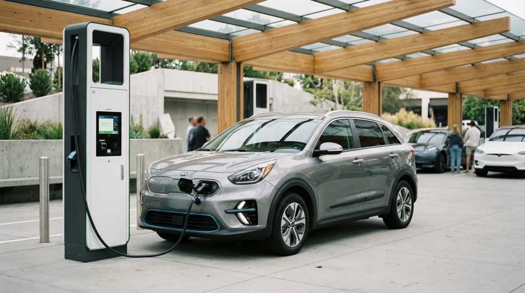 Kia Niro EV charging at fast-charging station