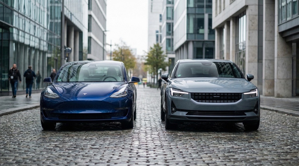 Tesla Model 3 vs Polestar 2 (2026): Range, Charging, Price & Verdict 2 Tesla Model 3 and Polestar 2 exterior design comparison