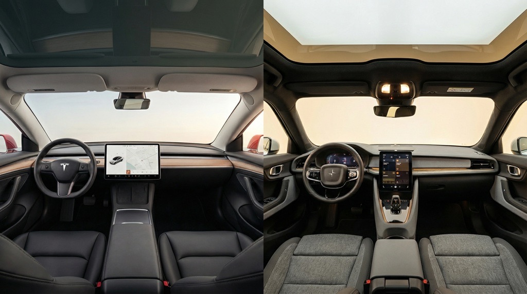 Tesla Model 3 vs Polestar 2 (2026): Range, Charging, Price & Verdict 6 Tesla Model 3 and Polestar 2 interior comparison