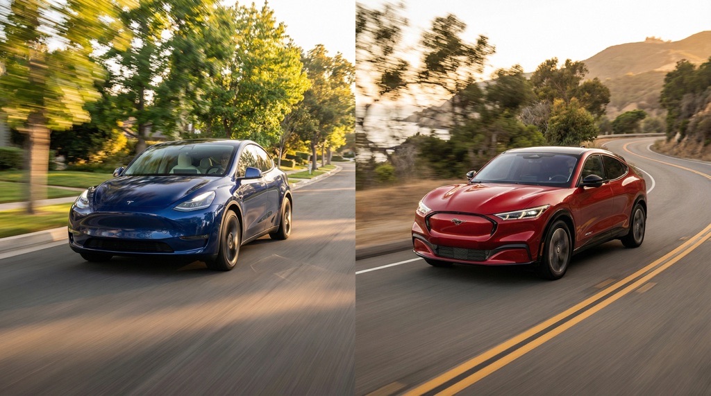 Tesla Model Y vs Ford Mustang Mach-E (2026): Range, Charging, Price & Verdict 2 Tesla Model Y and Ford Mustang Mach-E driving comparison