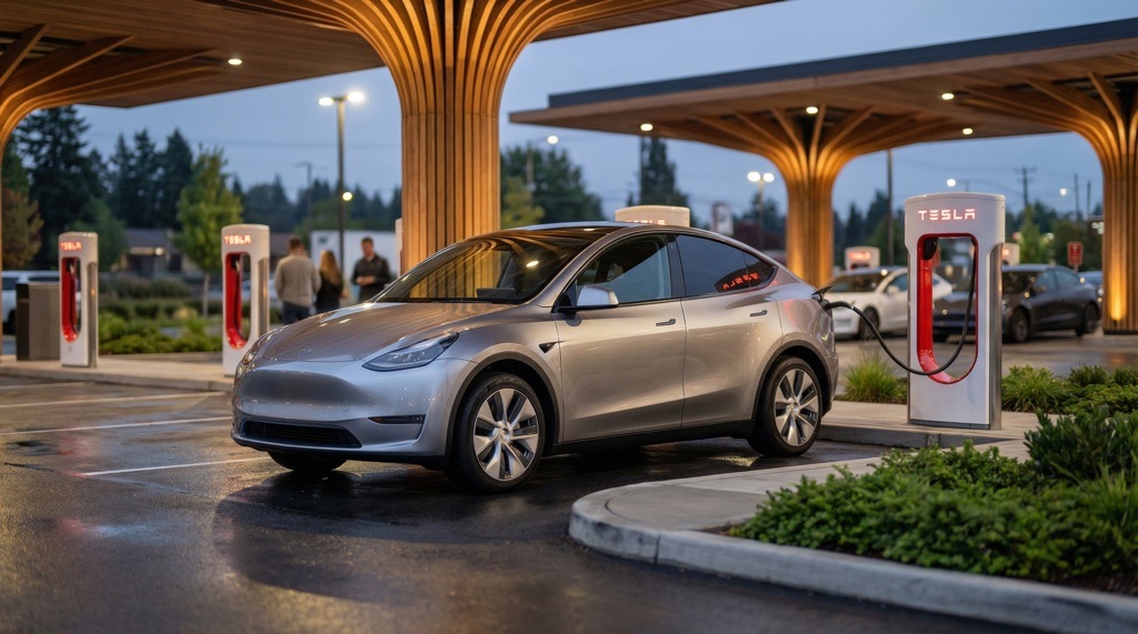 Tesla Model Y vs Ford Mustang Mach-E (2026): Range, Charging, Price & Verdict 5 Tesla Model Y charging at Supercharger station