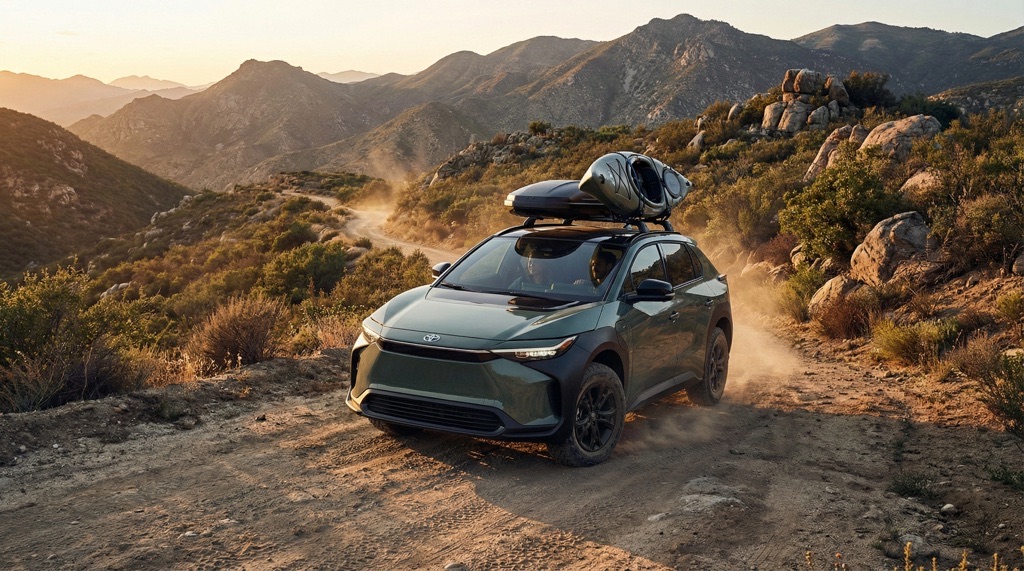 Toyota bZ Woodland electric vehicle off-road with roof rack and all-terrain tires