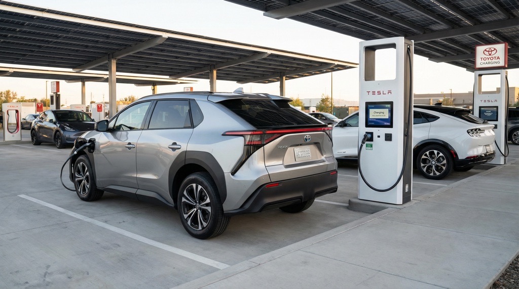 Toyota electric vehicle charging at Tesla Supercharger using NACS