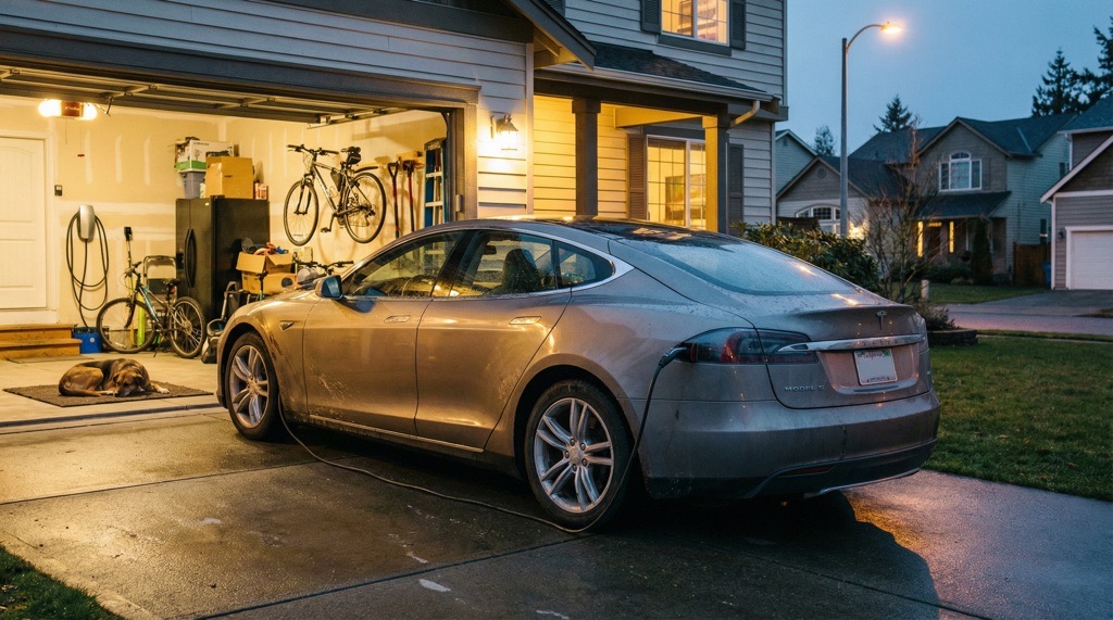 Used electric car charging at home garage