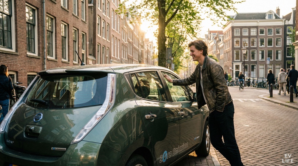 Happy used electric car owner lifestyle