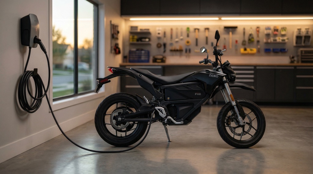 Zero FXE electric motorcycle charging at home
