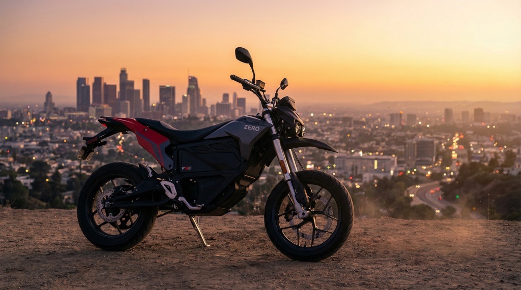 Zero FXE electric motorcycle city sunset