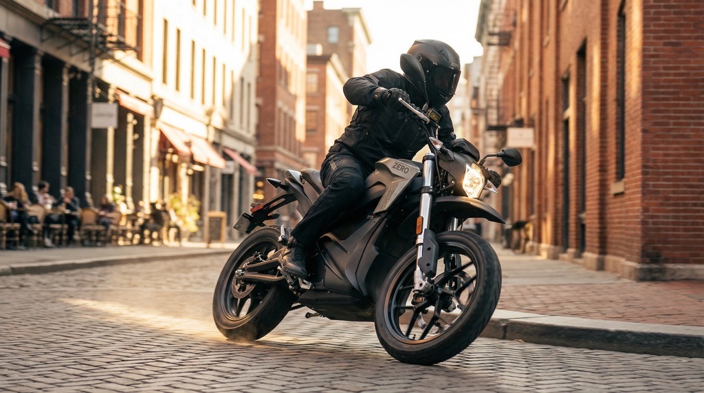 Zero FXE electric motorcycle handling in city