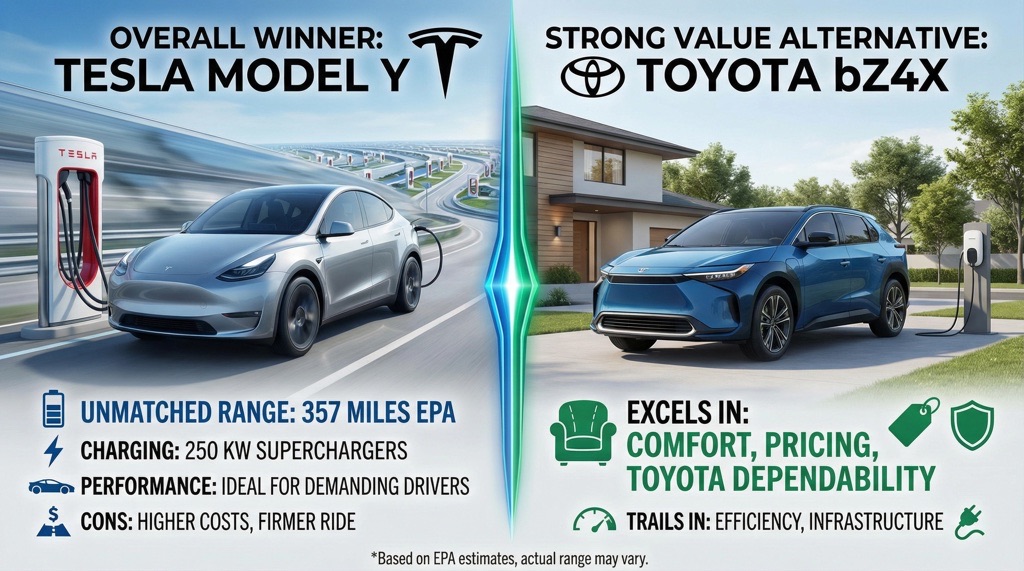Tesla Model Y positioned ahead of Toyota bZ4X in a 2026 electric SUV comparison, highlighting superior range, charging, and performance