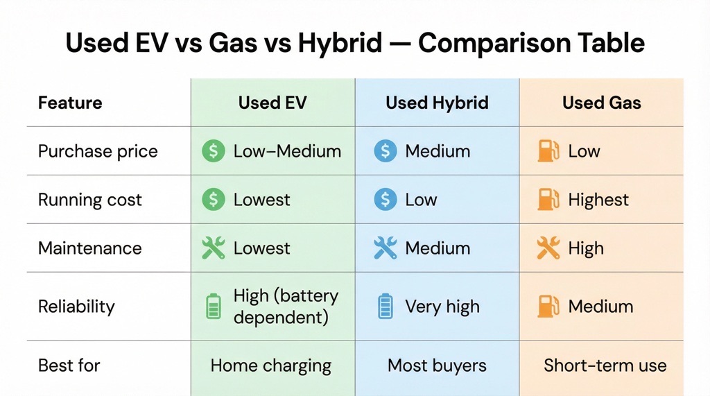 Used EV vs Gas vs Hybrid — Comparison Table
