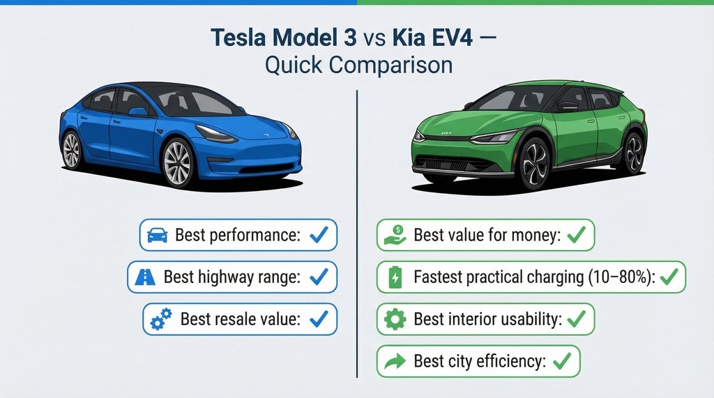 Tesla Model 3 vs Kia EV4 — Quick Comparison