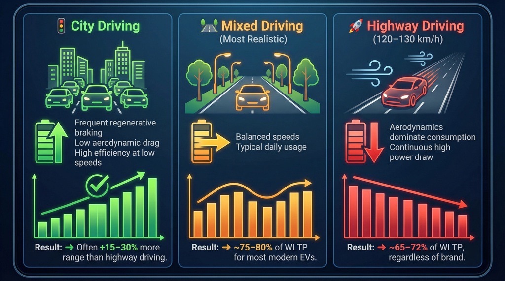 Electric car driving at highway speeds affecting real-world range