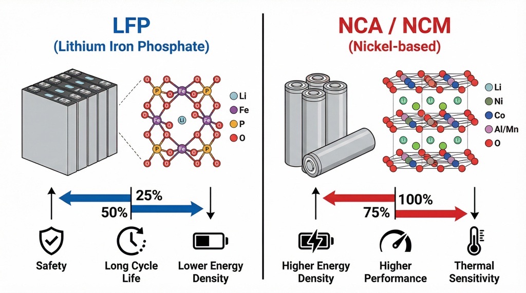 LFP (Lithium Iron Phosphate), NCA / NCM (Nickel-based)