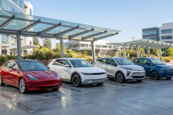 Electric car in dense urban traffic