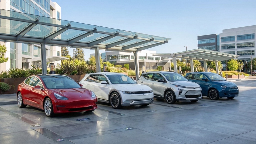 Electric car in dense urban traffic