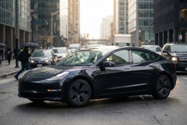 Electric sedan in urban commuting traffic