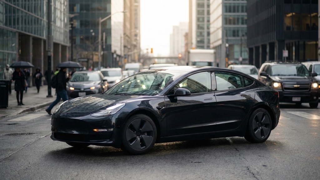 Electric sedan in urban commuting traffic