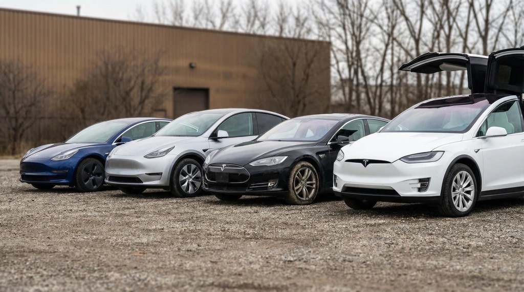 Lineup of used Tesla Model 3, Model Y, Model S, and Model X in 2026
