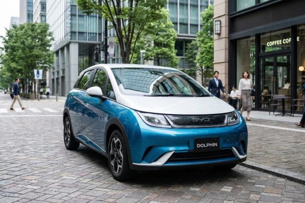 BYD Dolphin 2026 electric hatchback exterior in city environment