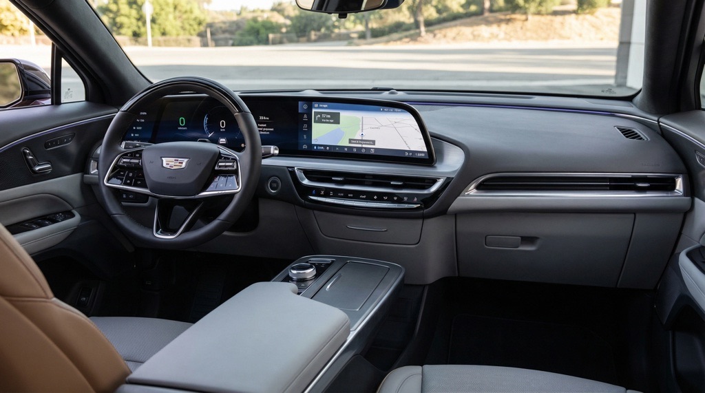 Interior dashboard of the Cadillac Vistiq electric SUV with curved LED display