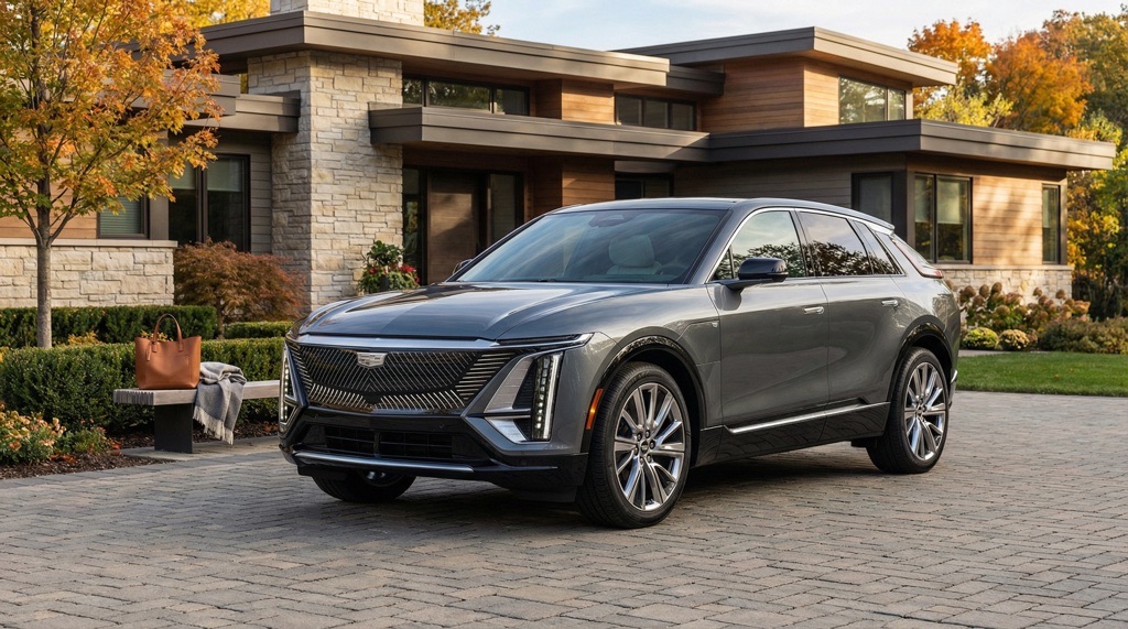 Cadillac Vistiq electric SUV parked in an upscale residential environment