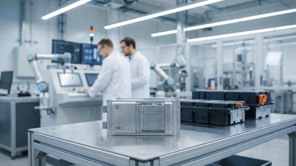 Automotive solid-state battery cells in laboratory representing China solid-state battery standard 2026