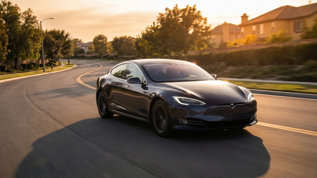 Electric sedan during daily commute at sunset
