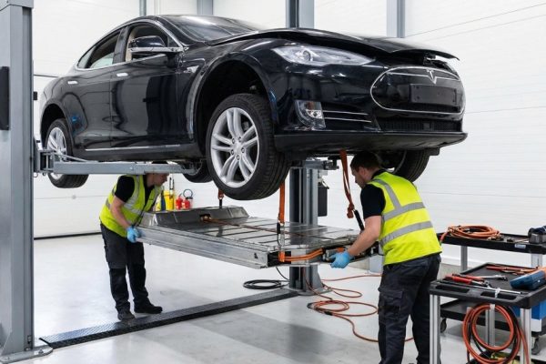 Tesla battery replacement cost overview with battery pack in service center