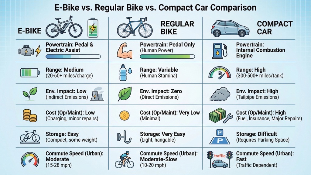 E-Bike vs Regular Bike vs Compact Car Comparison