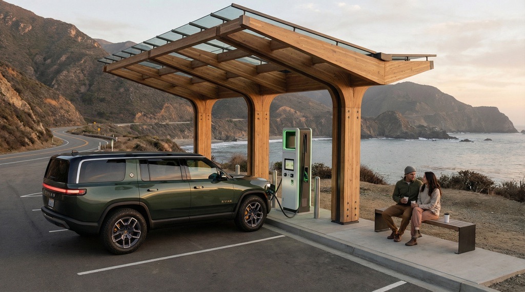 Electric car charging at DC fast charger during a road trip