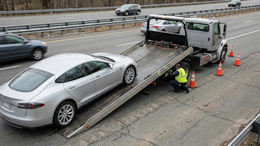 Electric Vehicle Being Loaded Onto Flatbed Tow Truck