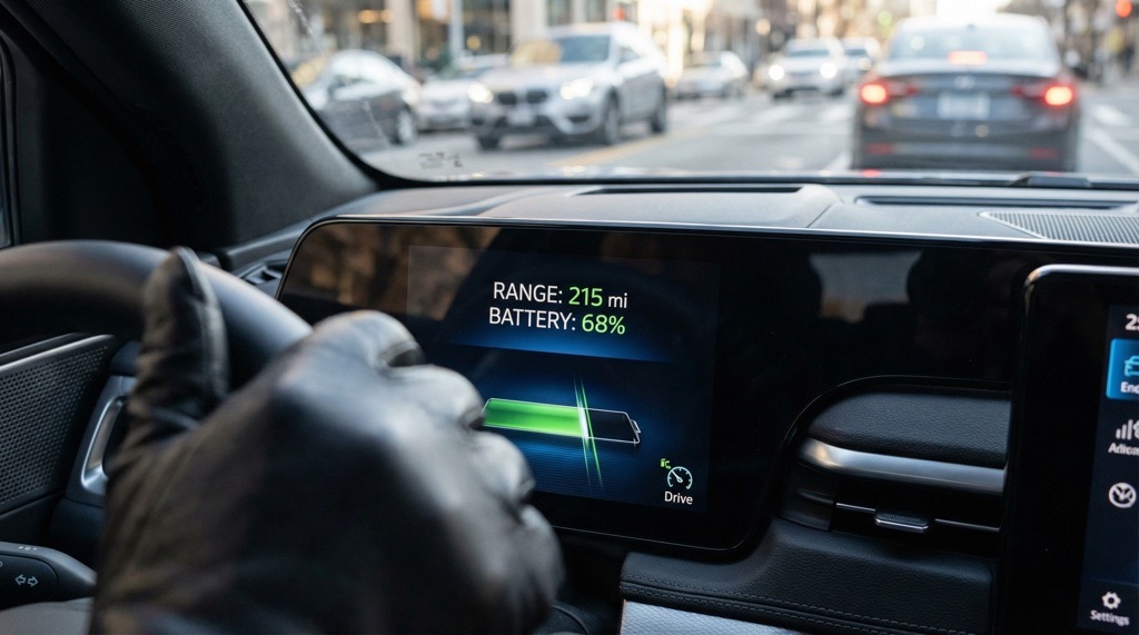 Electric vehicle dashboard displaying real-world range and battery status