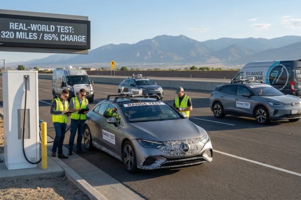 Electric car driving on highway representing real-world range testing in 2026