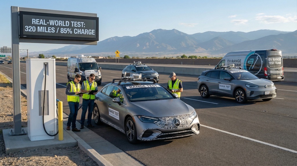 Electric car driving on highway representing real-world range testing in 2026