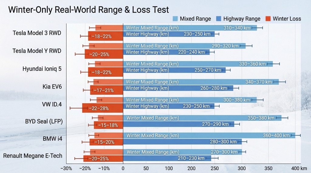 Electric vehicle driving in winter showing reduced real-world range