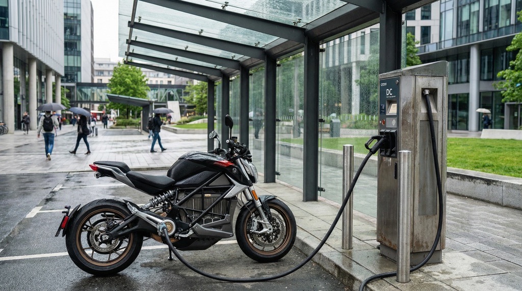 Electric motorcycle DC fast charging adding real-world usable range quickly