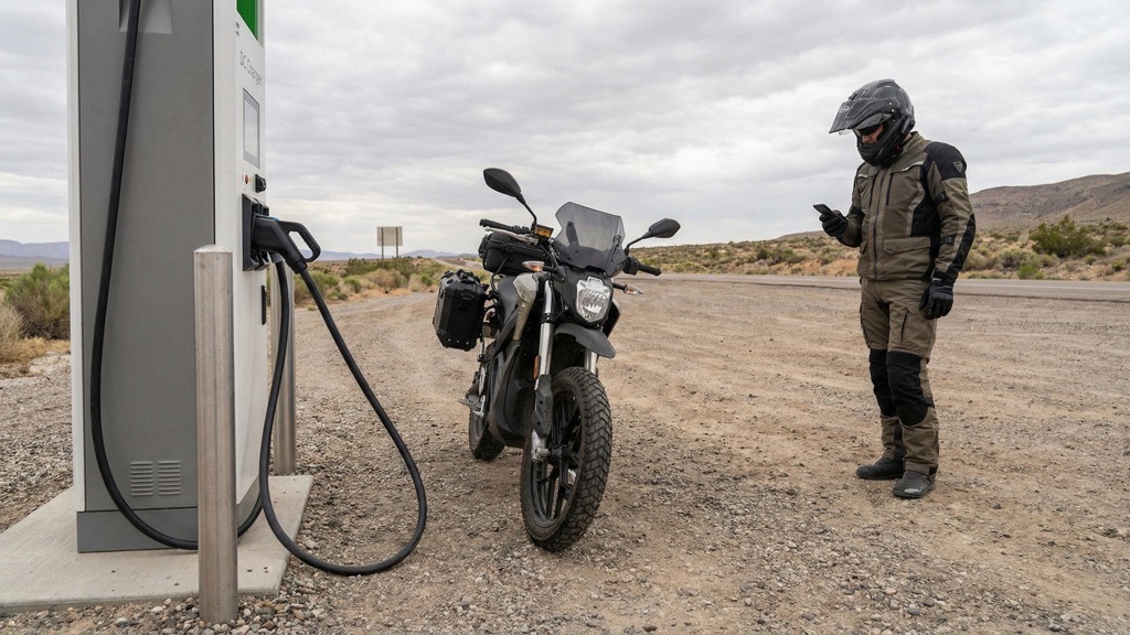 Electric motorcycle fast charging on road trip