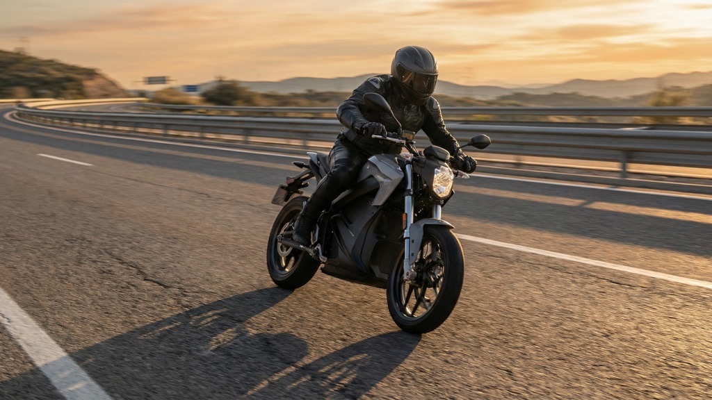 Electric motorcycle cruising at highway speed