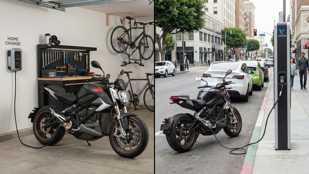 Electric Motorcycle Charging at Home Garage